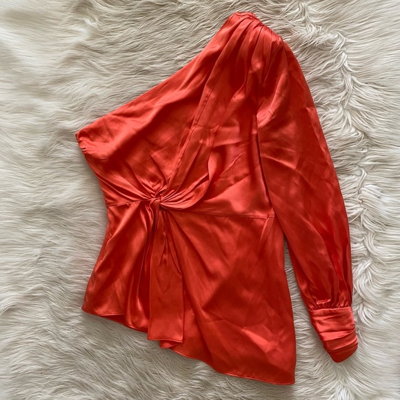 Cinq a Sept Neon Coral Satin Silk One Shoulder Stace Shirt Asymmetrical Blouse - Picture 3 of 14